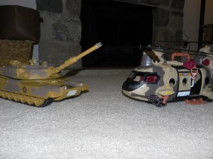 Tank and helicopter make lunch plans.