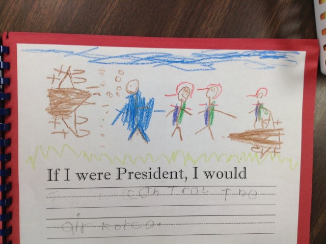My son (you may call him, Mr. President) is the big, blue guy. He is commanding the troops to put on their saucepans and scramble their brown jets to go save the world.